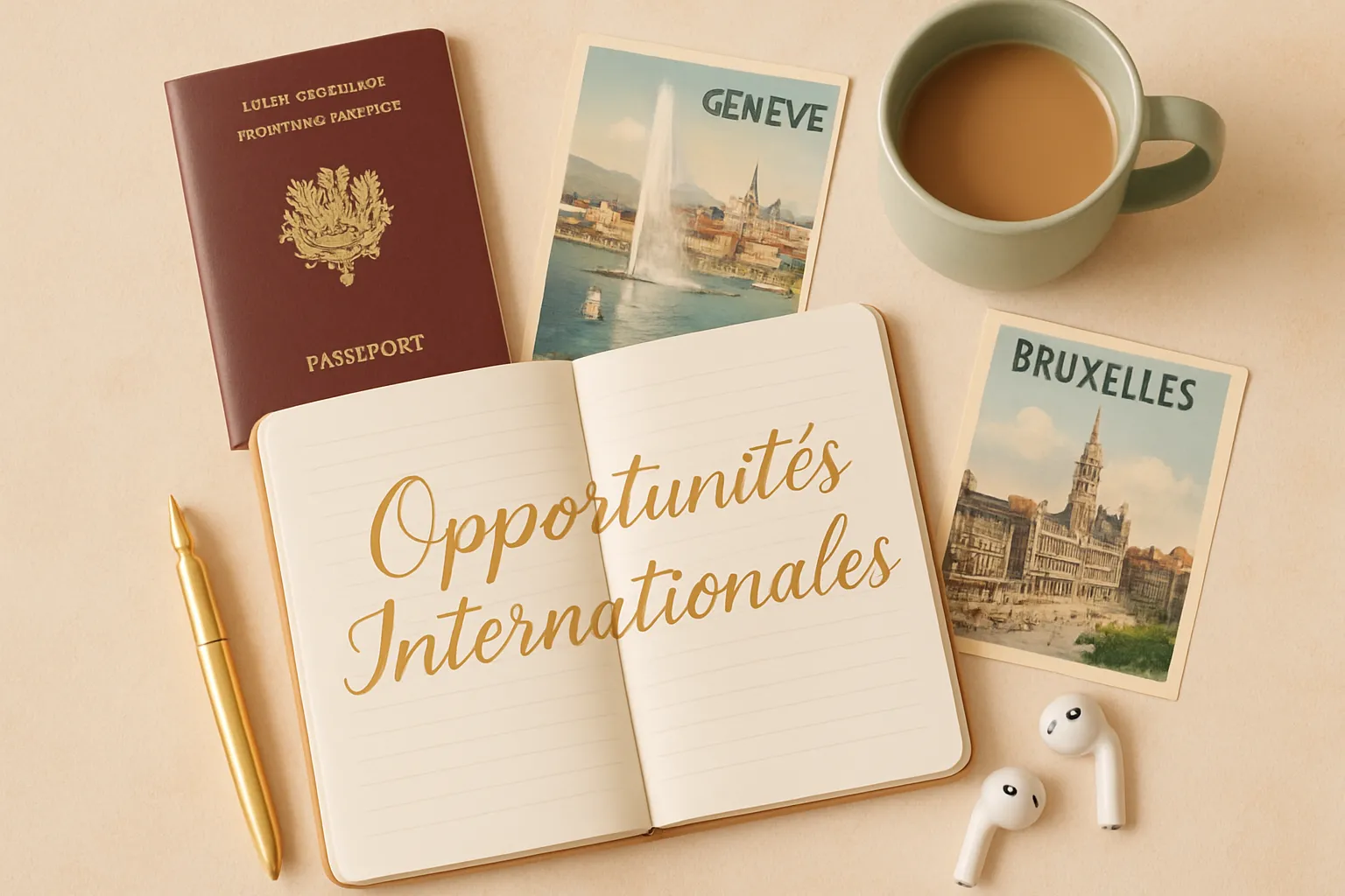 Flat lay stratégique pour une assistante virtuelle francophone explorant des opportunités en Suisse et Belgique, avec carnet, passeport et éléments symboliques.