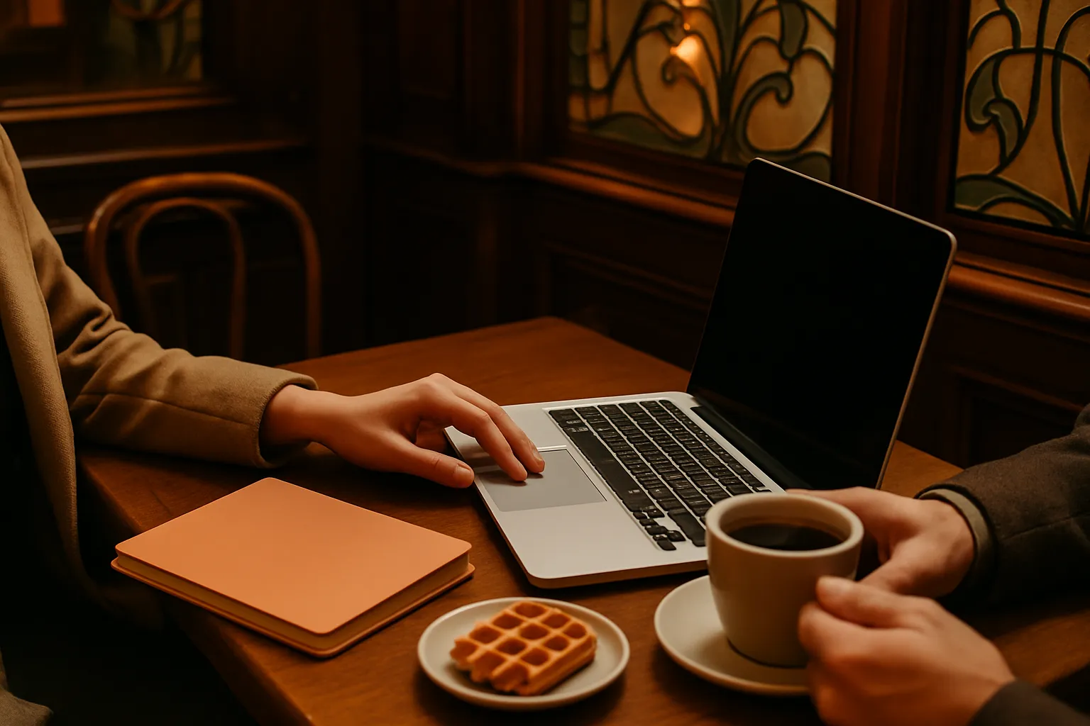 Scène de collaboration conviviale entre une assistante virtuelle francophone et un client dans un café belge, symbolisant la confiance et le pragmatisme.