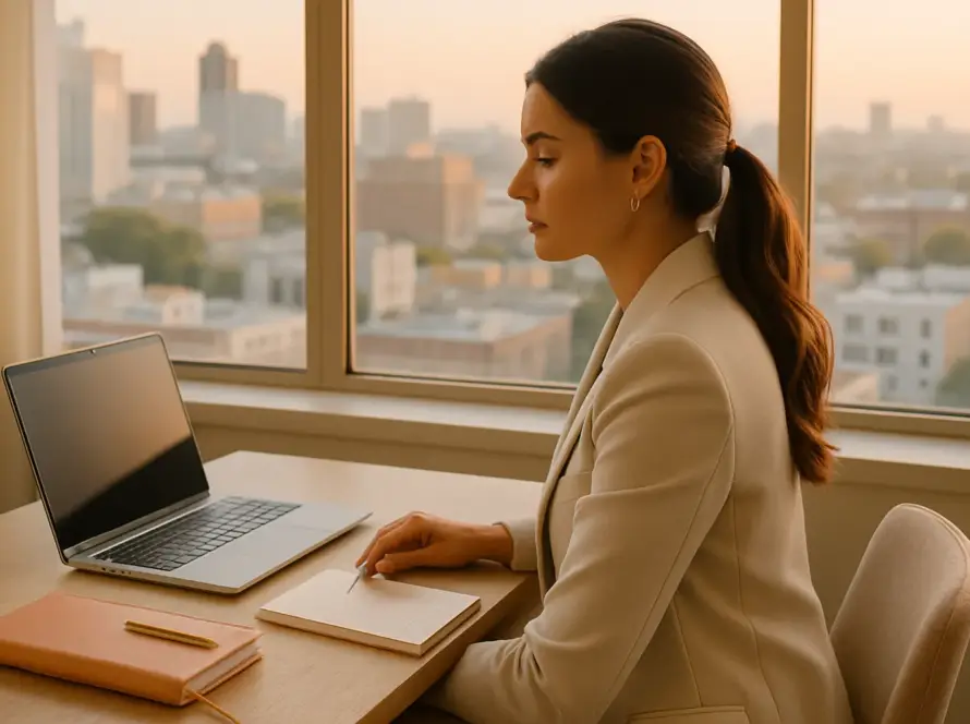 Une adjointe virtuelle organisant sa journée dans son bureau design et lumineux, symbolisant le succès et la liberté du freelancing.