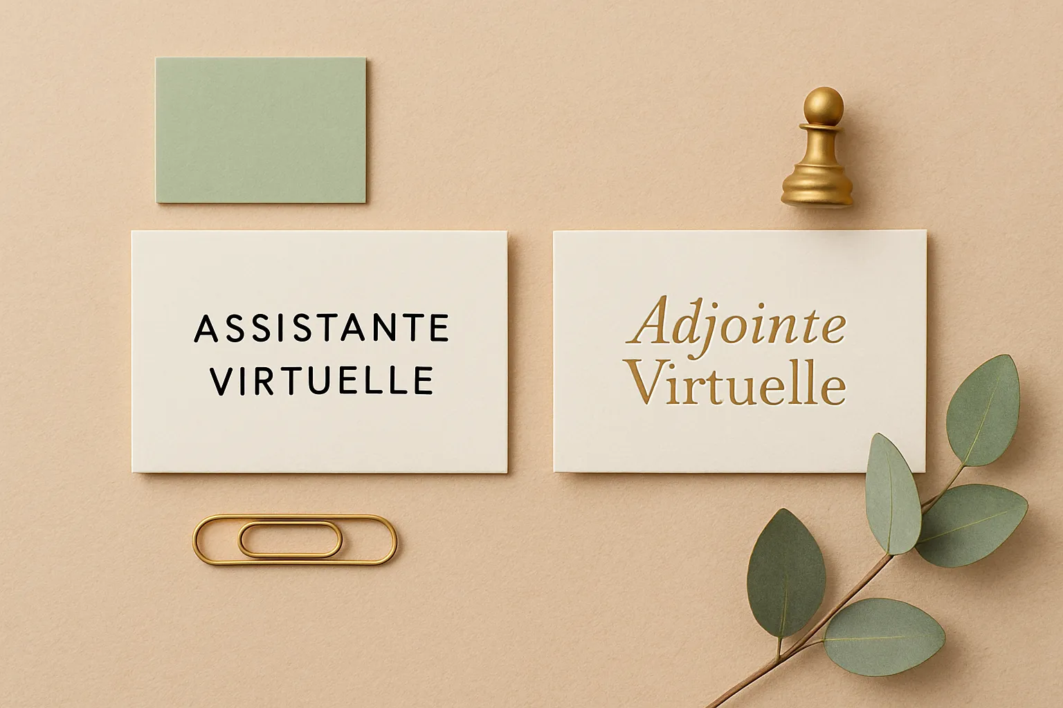 Comparaison visuelle entre les titres d'adjointe virtuelle et d'assistante virtuelle sur un bureau organisé.