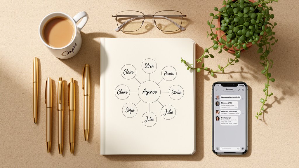 Les avantages d'une agence d'assistantes virtuelles illustrés par un flat lay symbolisant la croissance et la structure.