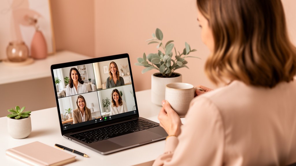 Une manager d'agence d'assistantes virtuelles en réunion vidéo avec son équipe, illustrant le recrutement et le management à distance.