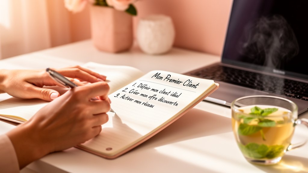 Une assistante virtuelle planifie comment trouver son premier client, une étape clé avant de créer son agence.