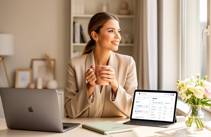 Une assistante virtuelle administrative organisée et à succès travaillant dans son bureau à domicile lumineux et élégant.