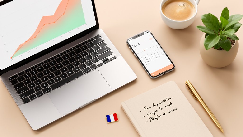 Croissance du secteur des assistantes virtuelles en France : ordinateur portable montrant une courbe ascendante, accessoires de bureau