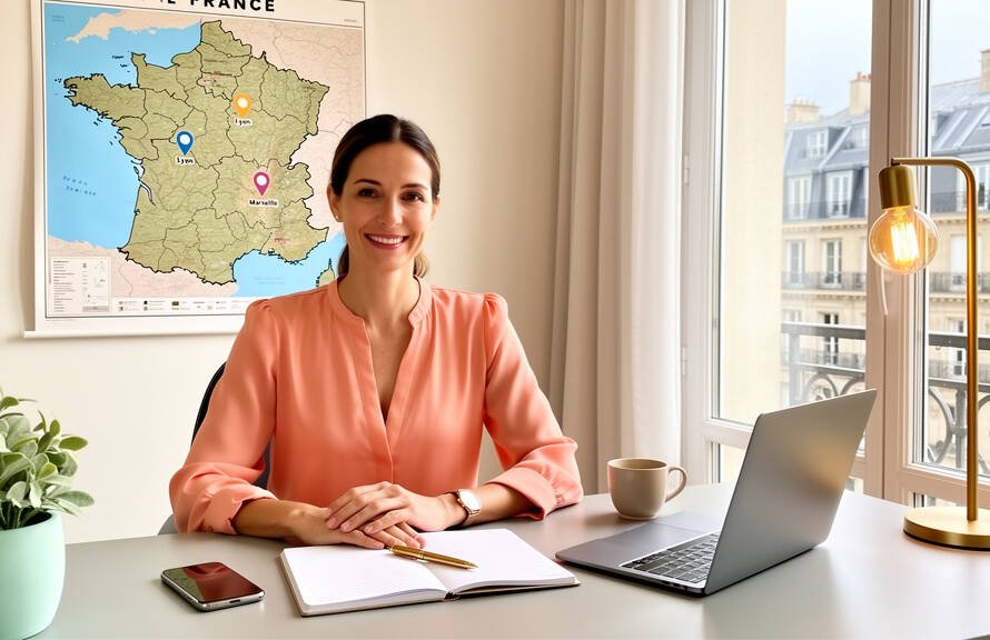 Assistante virtuelle en France : femme professionnelle devant une carte de France, illustrant l'impact de la localisation