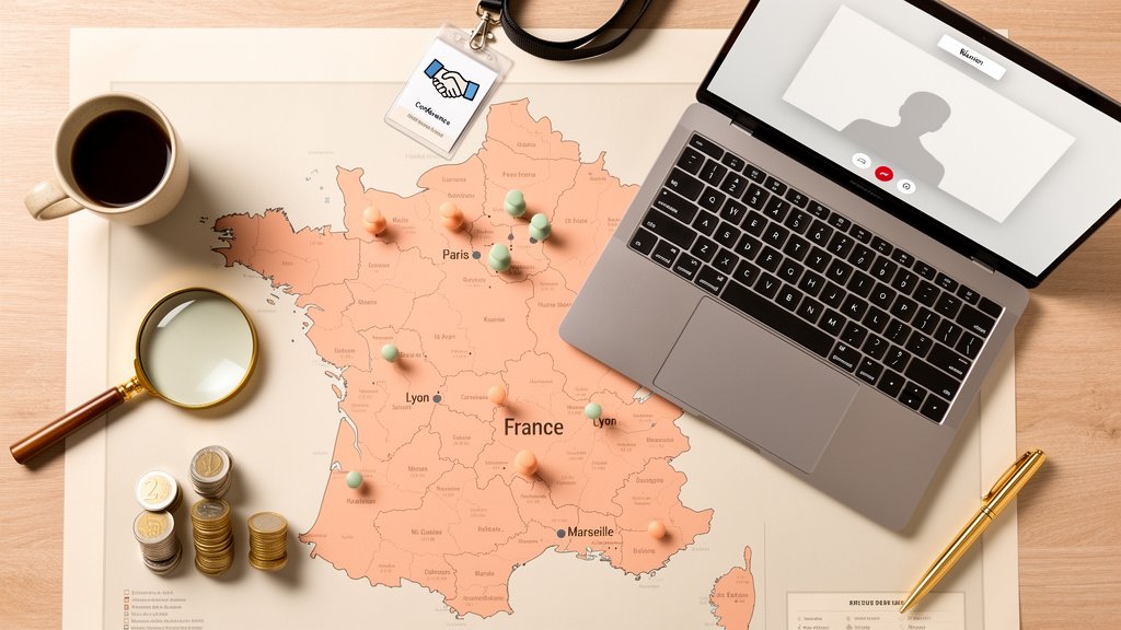 Impact de la localisation sur le métier d'assistante virtuelle en France : carte de France avec épingles, pièces de monnaie, ordinateur portable