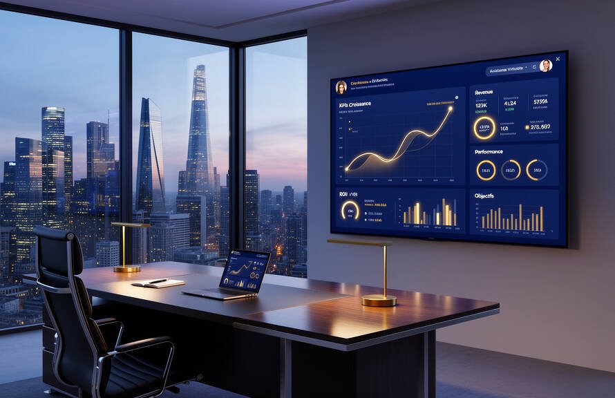 Un dirigeant analyse la croissance de son entreprise grâce à une assistante virtuelle experte