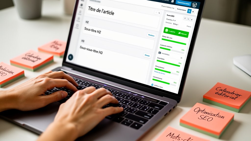 Assistante virtuelle spécialisée en gestion de blog optimisant un article pour le SEO sur WordPress, avec un calendrier éditorial en support.