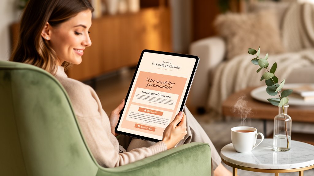 Une assistante virtuelle spécialisée en newsletter prépare une campagne d'emailing design et personnalisée pour fidéliser les clients.