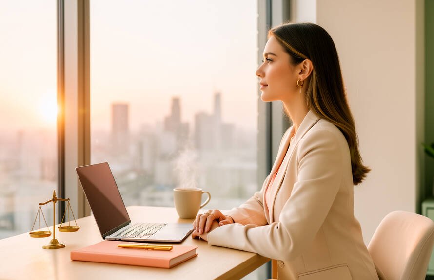 Une assistante virtuelle pour avocat travaille dans son bureau à domicile moderne et stylé, incarnant la réussite et la flexibilité de cette carrière spécialisée.