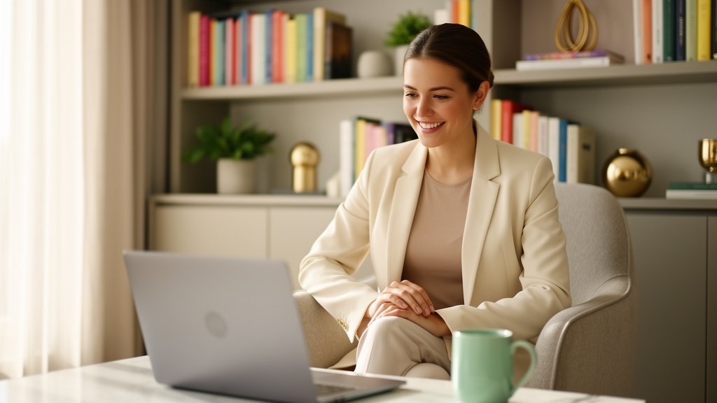 Assistante virtuelle pour avocat en entretien client par visioconférence pour présenter ses services spécialisés et développer son activité.