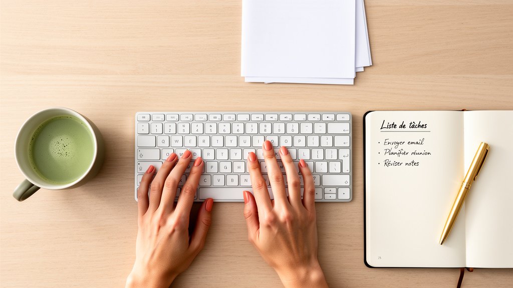 assistante virtuelle saisie de données effectuant une saisie méthodique sur un bureau organisé, illustrant la rigueur professionnelle.