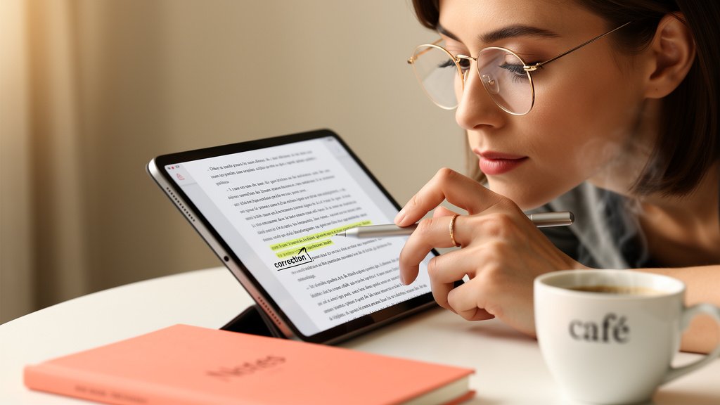 assistante virtuelle saisie de données réalisant une mission de relecture et correction avec une grande attention aux détails.