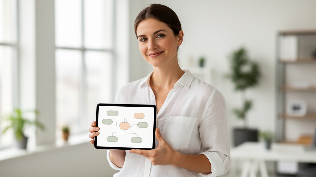 assistante virtuelle saisie de données présentant son offre de service structurée, incarnant une posture d'experte et de partenaire stratégique.