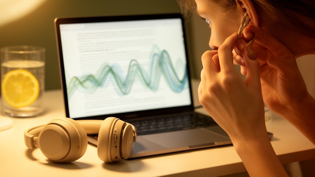 assistante virtuelle saisie de données spécialisée en transcription audio, avec des écouteurs et un ordinateur portable.