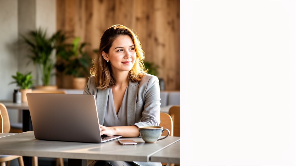 Assistante virtuelle pour agence web analysant des données marketing sur un écran