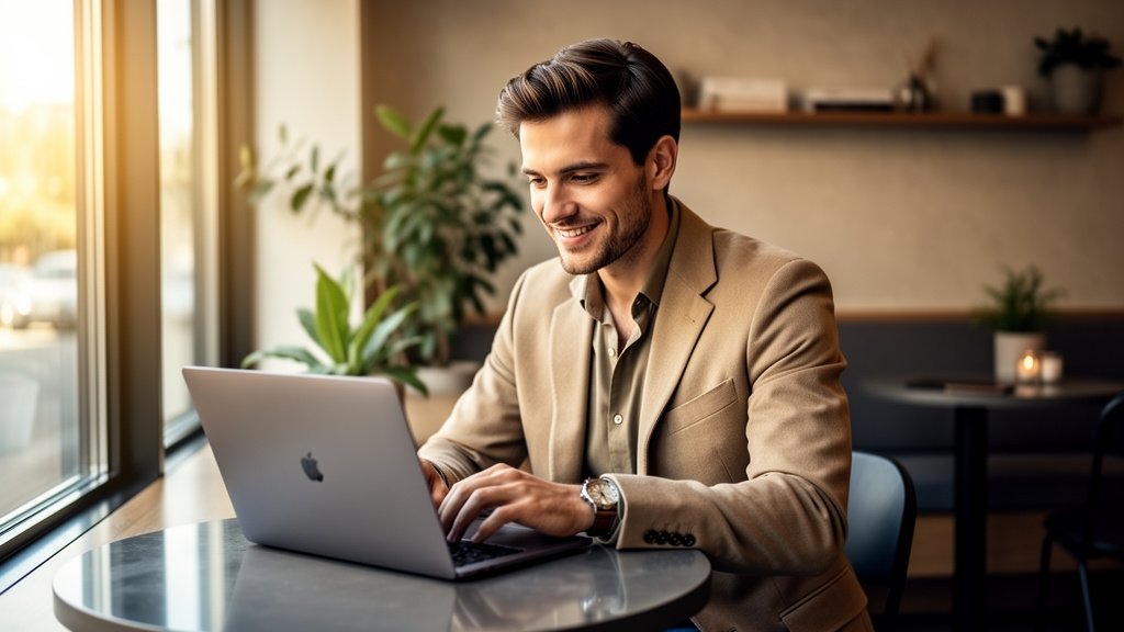 Assistante virtuelle effectuant une recherche d'informations sur un ordinateur portable