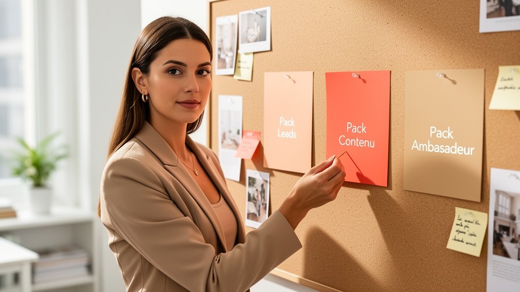 Assistante virtuelle structurant ses offres packagées de prospection commerciale et de marketing digital sur un tableau de vision.