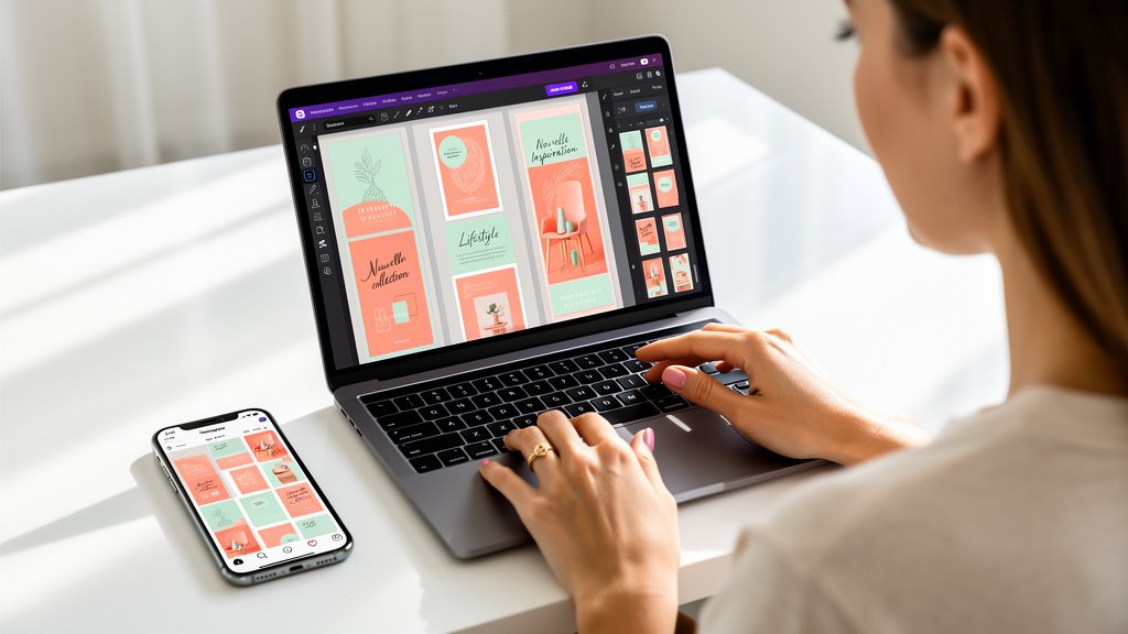 Une assistante virtuelle communication utilise Canva pour créer des visuels professionnels et cohérents pour les réseaux sociaux.