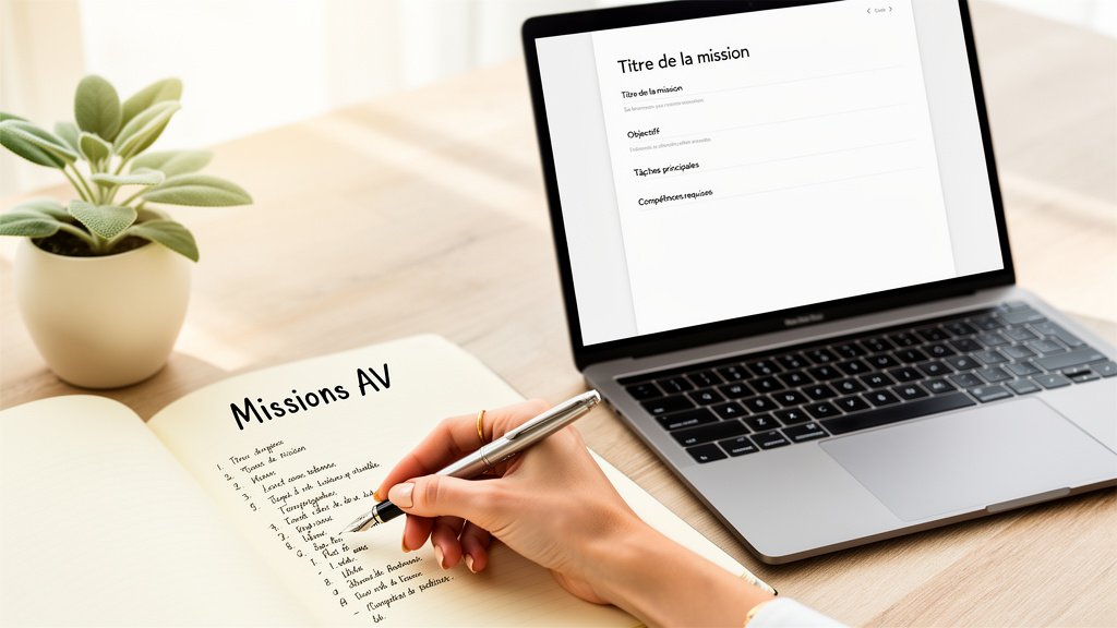 engager une assistante virtuelle - une entrepreneure rédigeant un brief de mission clair pour sa future collaboratrice.