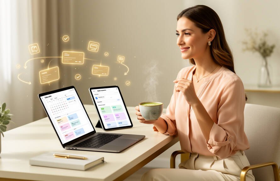 engager une assistante virtuelle - une entrepreneure sereine à son bureau, symbolisant la liberté gagnée grâce à la délégation.